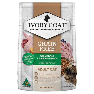IVORY COAT - GRAIN FREE ADULT WET CAT FOOD CHICKEN & LAMB IN GRAVY 85G