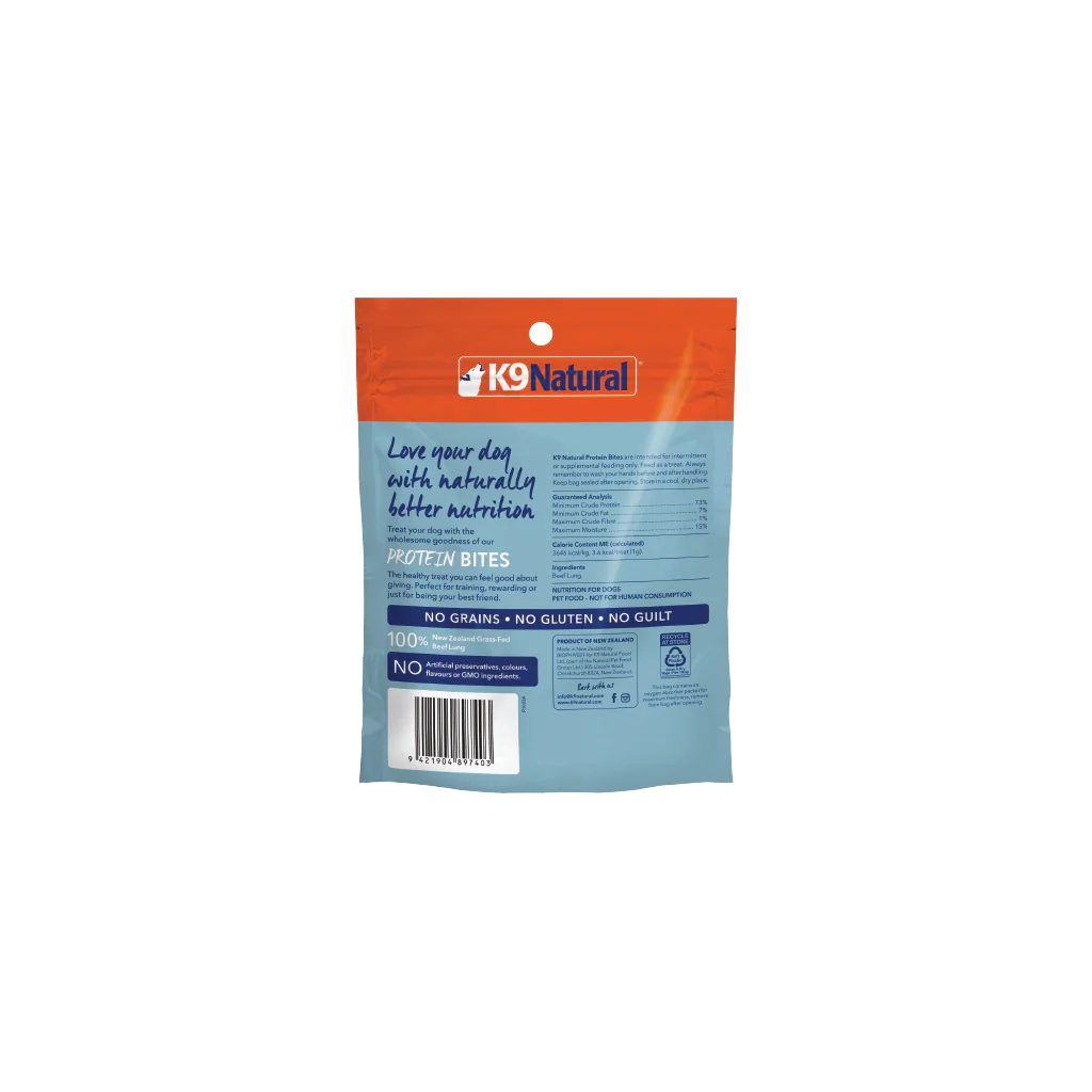 K9 Natural Beef Lung Protein Bites Dog Treats 50g