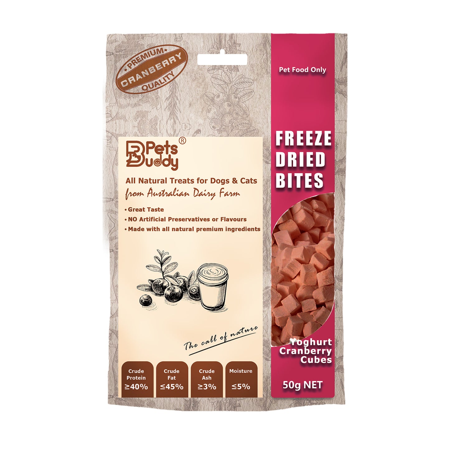 PetsBuddy Freeze Dried Yoghurt Cranberry Cubes 50g