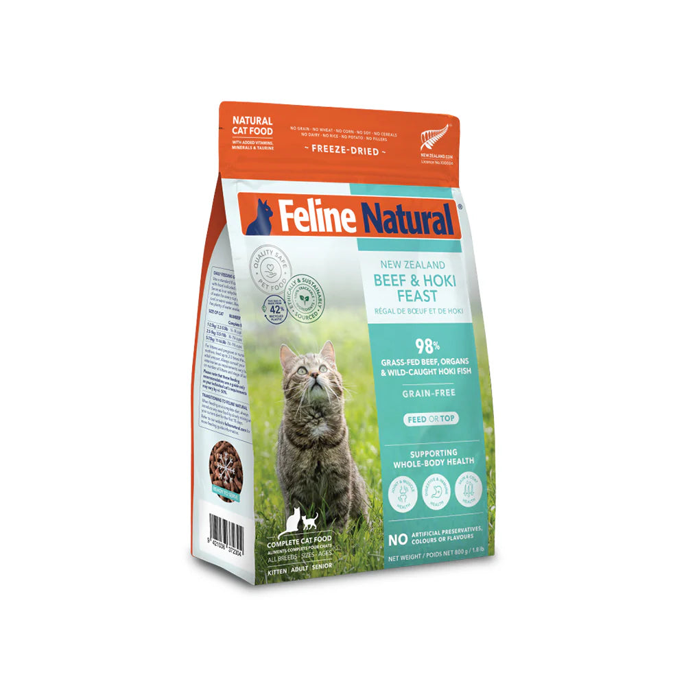 Packaging of Feline Natural Freeze Dried Cat Food featuring an image of a cat and the ingredients beef and hoki.