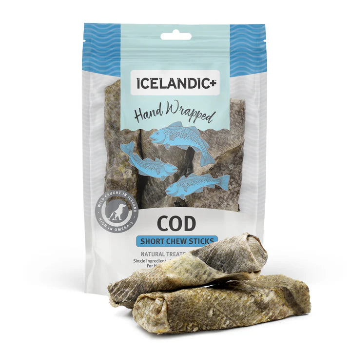 Icelandic+ Dog Treats Hand Wrapped Cod Skin Short 5" Chew Sticks 3pk