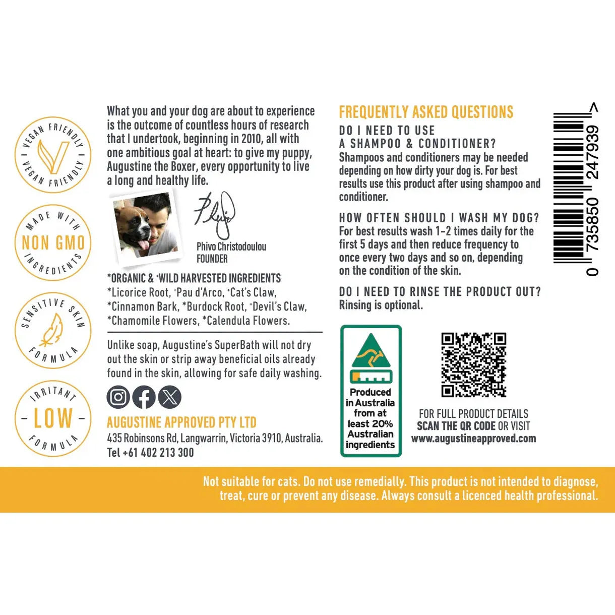 AUGUSTINE APPROVED SuperBath Skin Cleanses Skin & Odour Control for Dogs