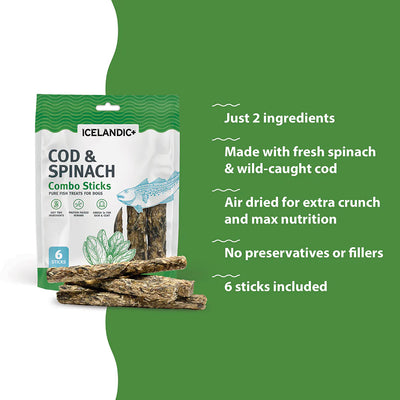 Icelandic+ Dog Treats Cod & Spinach Combo Sticks 6 Sticks