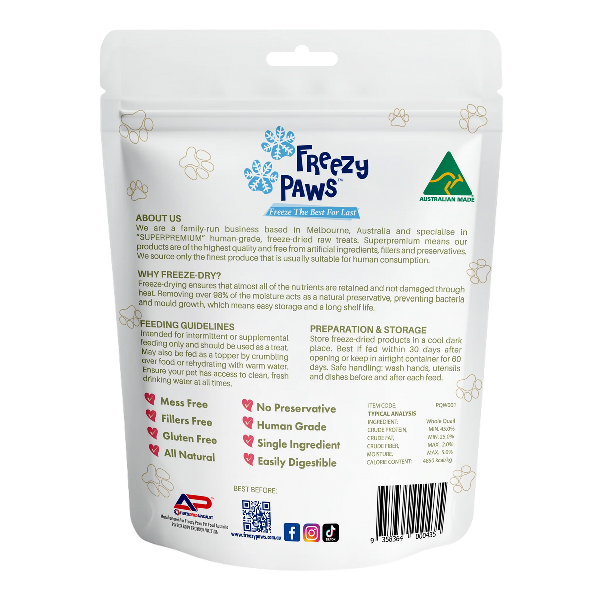 Freezy Paws - Freeze-Dried Raw Whole Quail 1 pc
