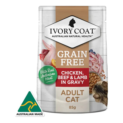 IVORY COAT - GRAIN FREE ADULT WET CAT FOOD CHICKEN, BEEF & LAMB IN GRAVY 85G