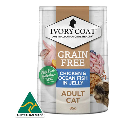 IVORY COAT - GRAIN FREE ADULT WET CAT FOOD CHICKEN & OCEAN FISH IN JELLY 85G