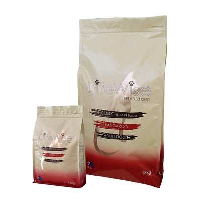 Two bags of LifeWise dog dry food, one smaller and one larger, with branding and text indicating it's a product for dogs.