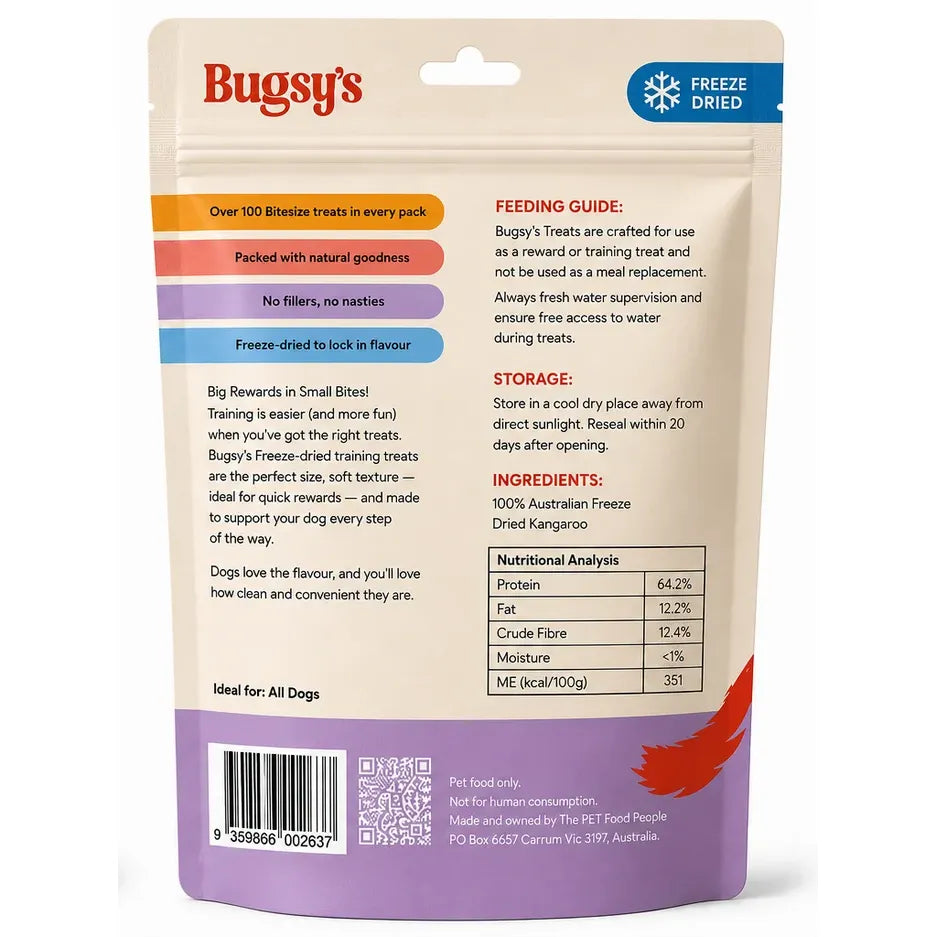 Bugsy's Freeze Dried Dog Treat - Roo Trainers 70g