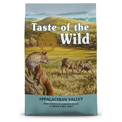 A bag of Taste of the Wild Appalachian Valley Small Breed Canine Dog Dry Food featuring an illustration of a dog and deer in a natural setting.