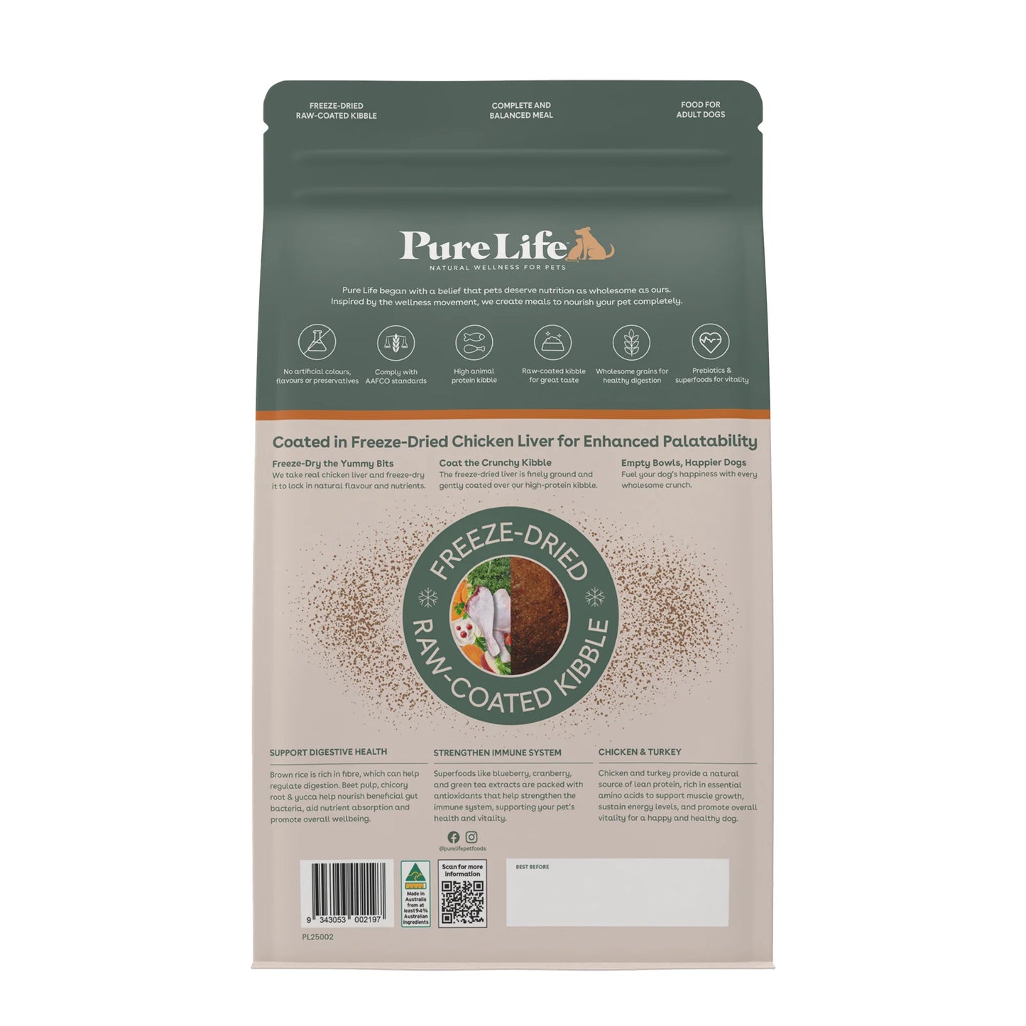 Pure Life Adult Dog Dry Food Freeze-Dried Raw-Coated Kibble Chicken & Turkey