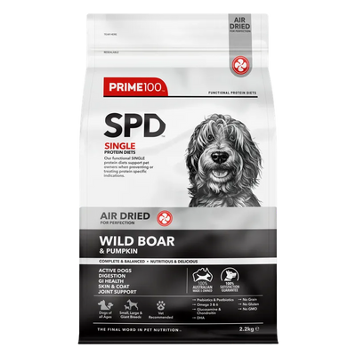 Dog food package with a black and white dog illustration on a white background