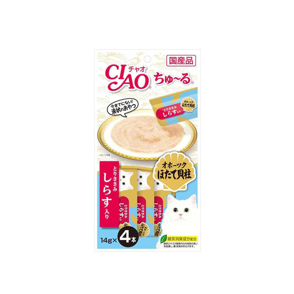 CIAO Churu Puree Chicken Fillet with Scallop and Whitebait Cat Treats 4x14g