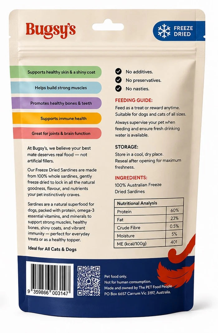 Bugsy's Freeze Dried Pet Treat - Sardines 70g
