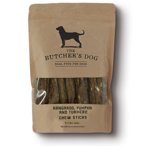 The Buther's Dog | Dog Treat Kangaroo Pumpkin and Turmeric Chew Sticks 150g