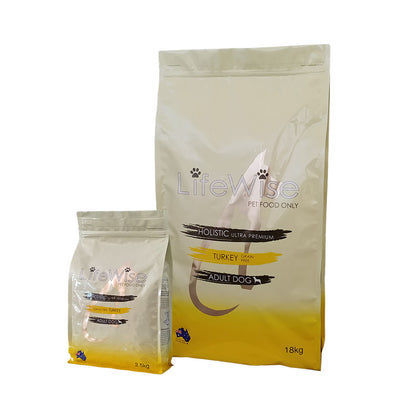 Two bags of LifeWise dog dry food, one smaller and one larger, with branding and product information displayed.