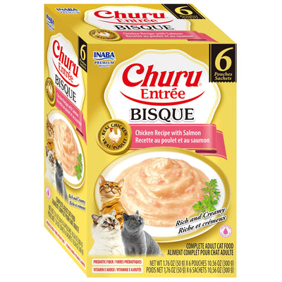 INABA Cat Complete and Balanced Wet Food Churu Entrée Bisque Chicken Recipe with Salmon Multi Pack 50g x 6