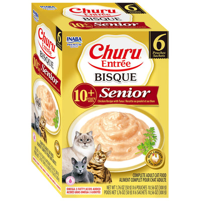 INABA Cat Complete and Balanced Wet Food Churu Entrée Bisque Chicken Recipe with Tuna Senior 10+ Multi Pack 50g x 6