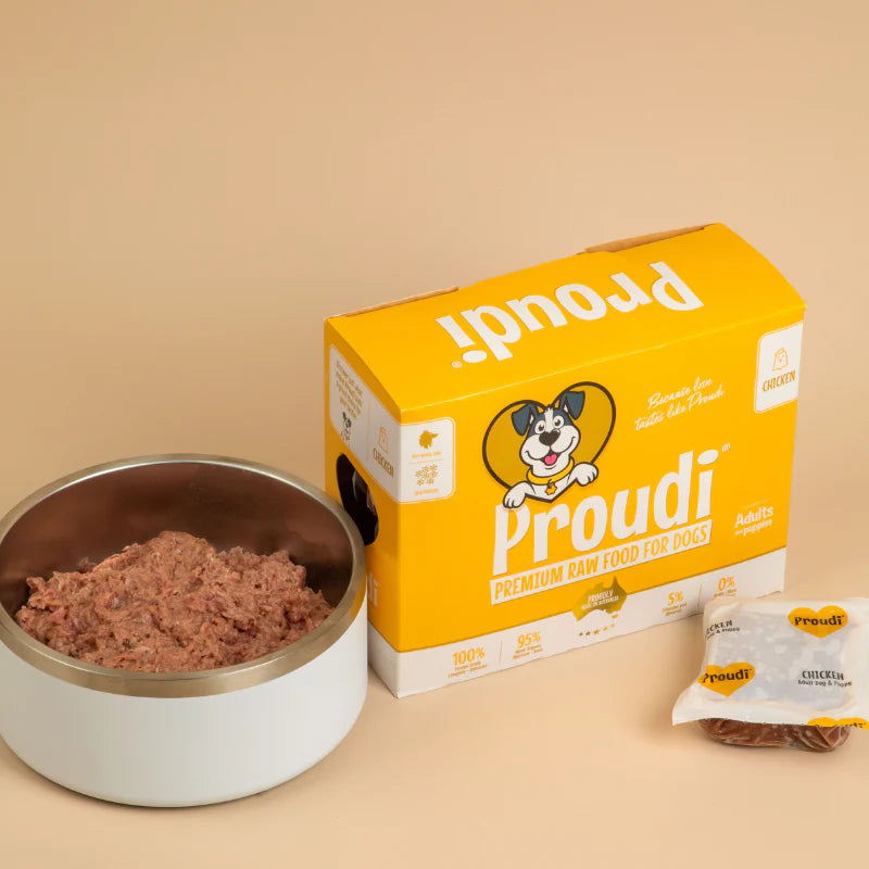 Proudi dog food packaging with a bowl of food on a beige background