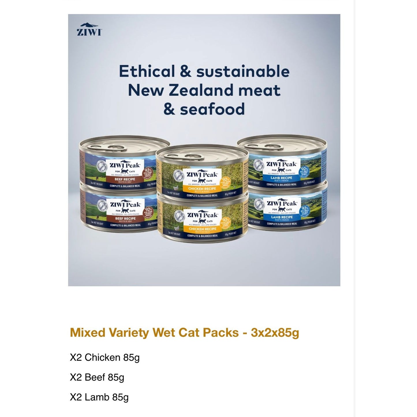 Ziwi Peak Wet Cat Food 3-Recipes Variety Pack 6x85g
