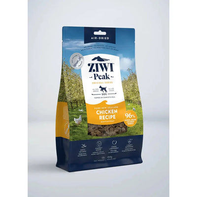 A package of ZIWI Peak Air Dried Free-Range Chicken Recipe dog food. The packaging is predominantly blue and yellow with an image of a dog and chicken in the background.