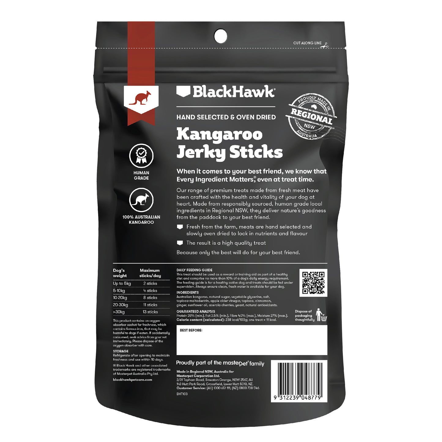 Black Hawk Dog Treats Kangaroo Jerky Sticks 100g