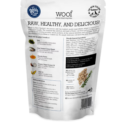 The New Zealand Natural Woof Dog Bites Freeze Dried Beef Travel Treat 50g