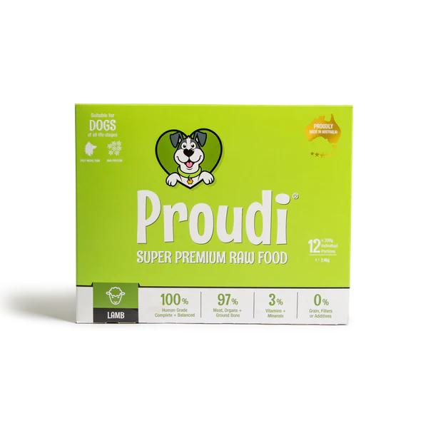 A green box of Proudi Super Premium Raw Food for dogs with details about the product on it, including the flavor as Lamb.