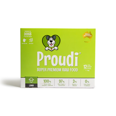 A green box of Proudi Super Premium Raw Food for dogs with details about the product on it, including the flavor as Lamb.
