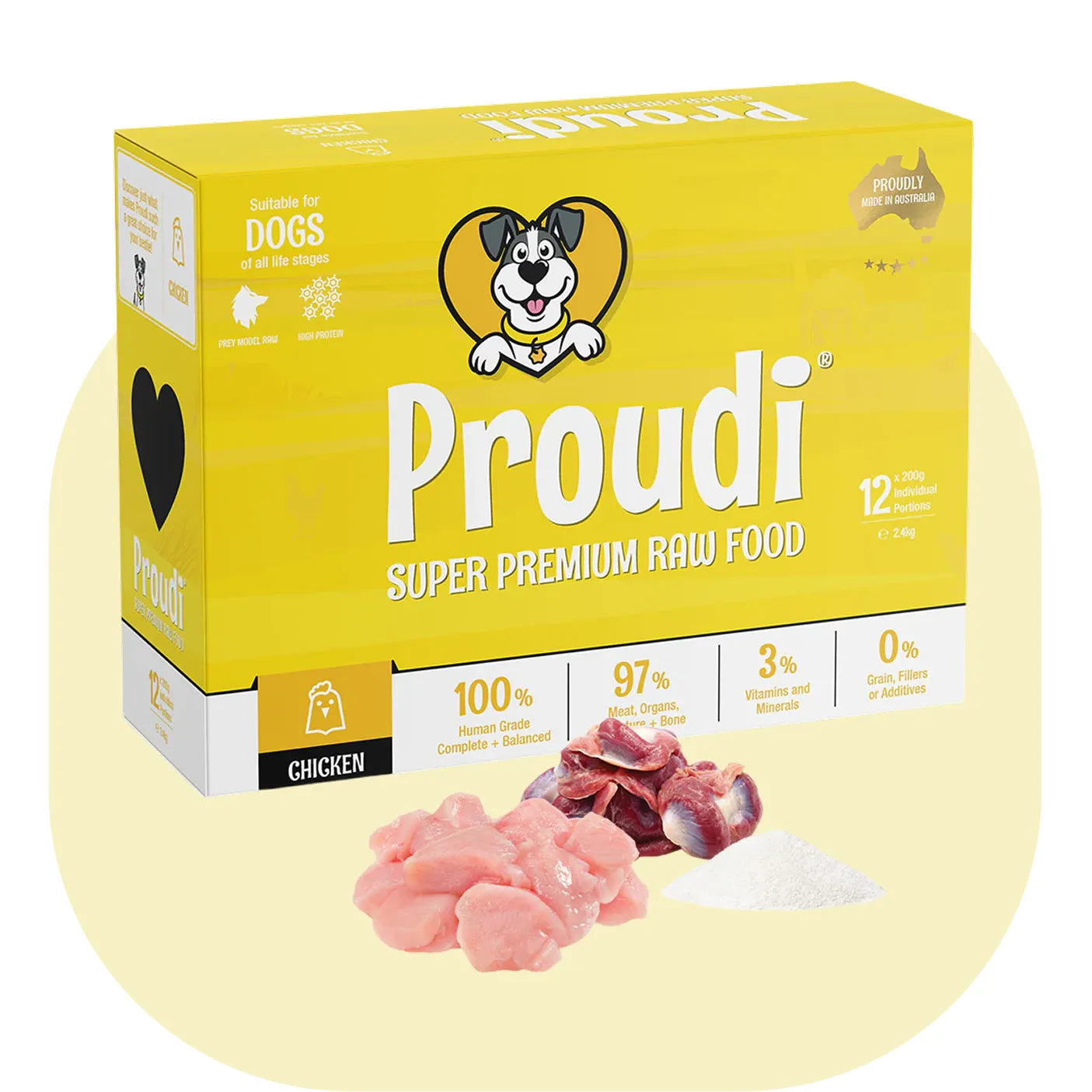 Proudi super premium raw food packaging for dogs on a white background