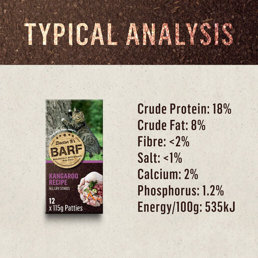 Doctor B's BARF Frozen Raw Adult Cat Food Kangaroo Recipe 115G x 12