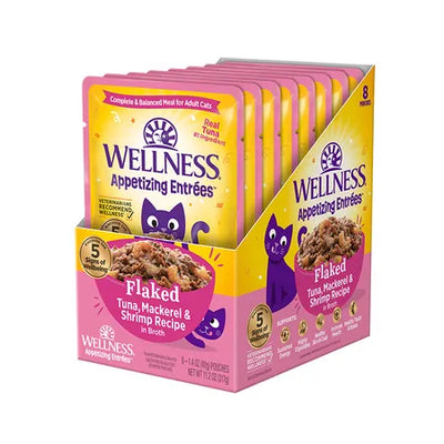 WELLNESS Core Wet Cat Food Appetizing Entrees Flaked Tuna, Mackerel & Shrimp in Broth 40g x 8
