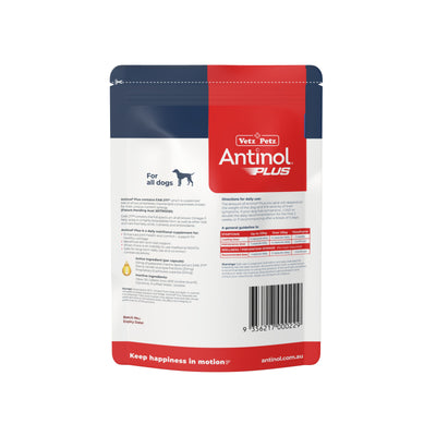 Antinol Plus for Dogs 90 capsules pouch, back of pack