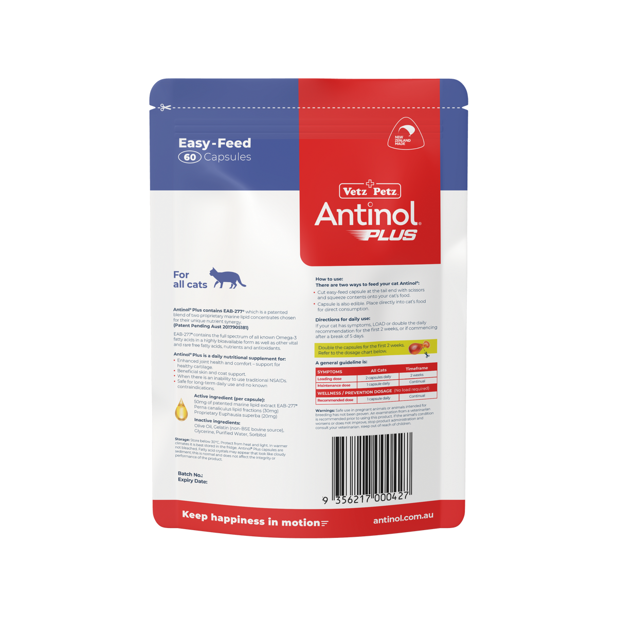 Antinol Plus Easy Feed for Cats 60 capsules pouch, back of pack