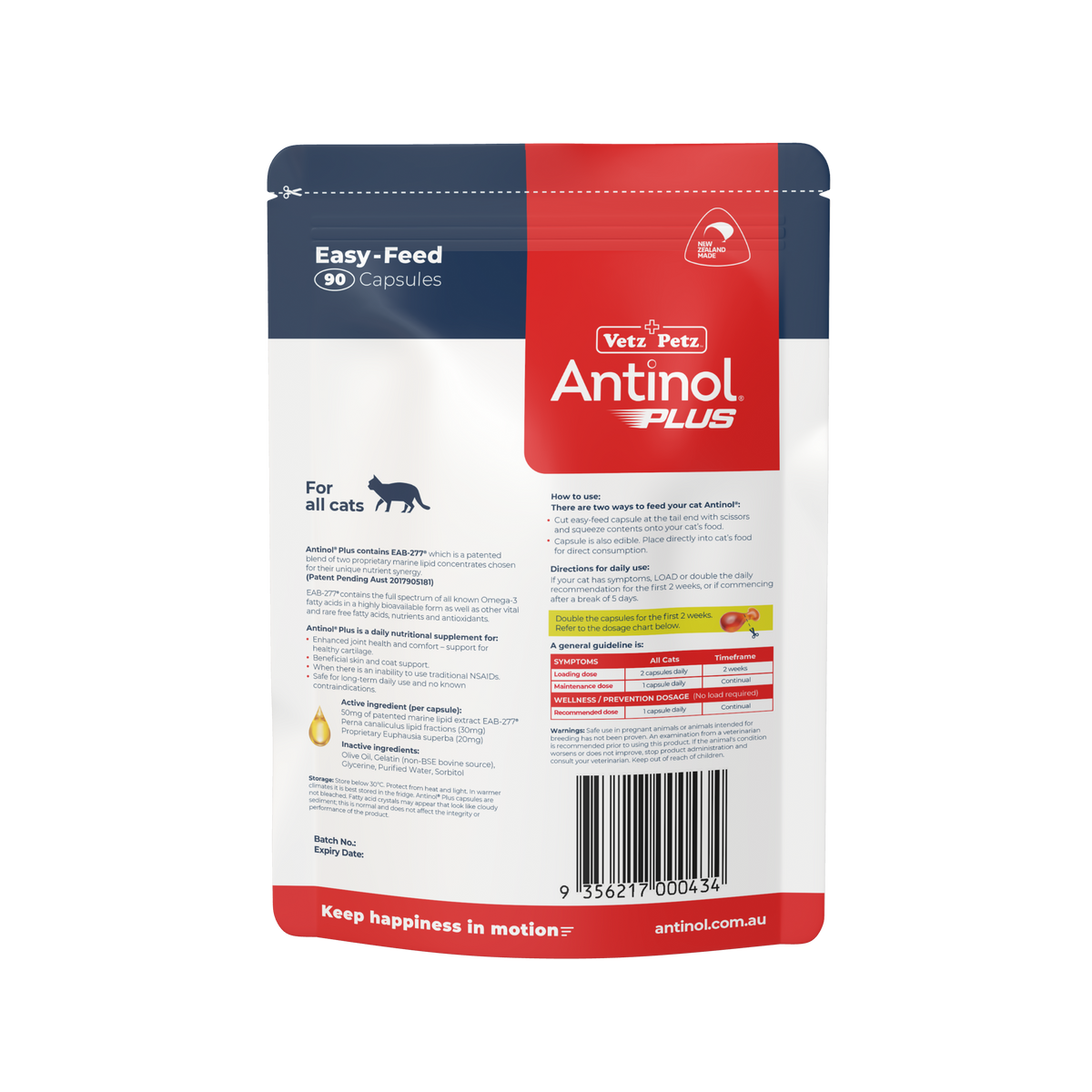 Antinol Plus Easy Feed for Cats 90 capsules pouch, back of pack