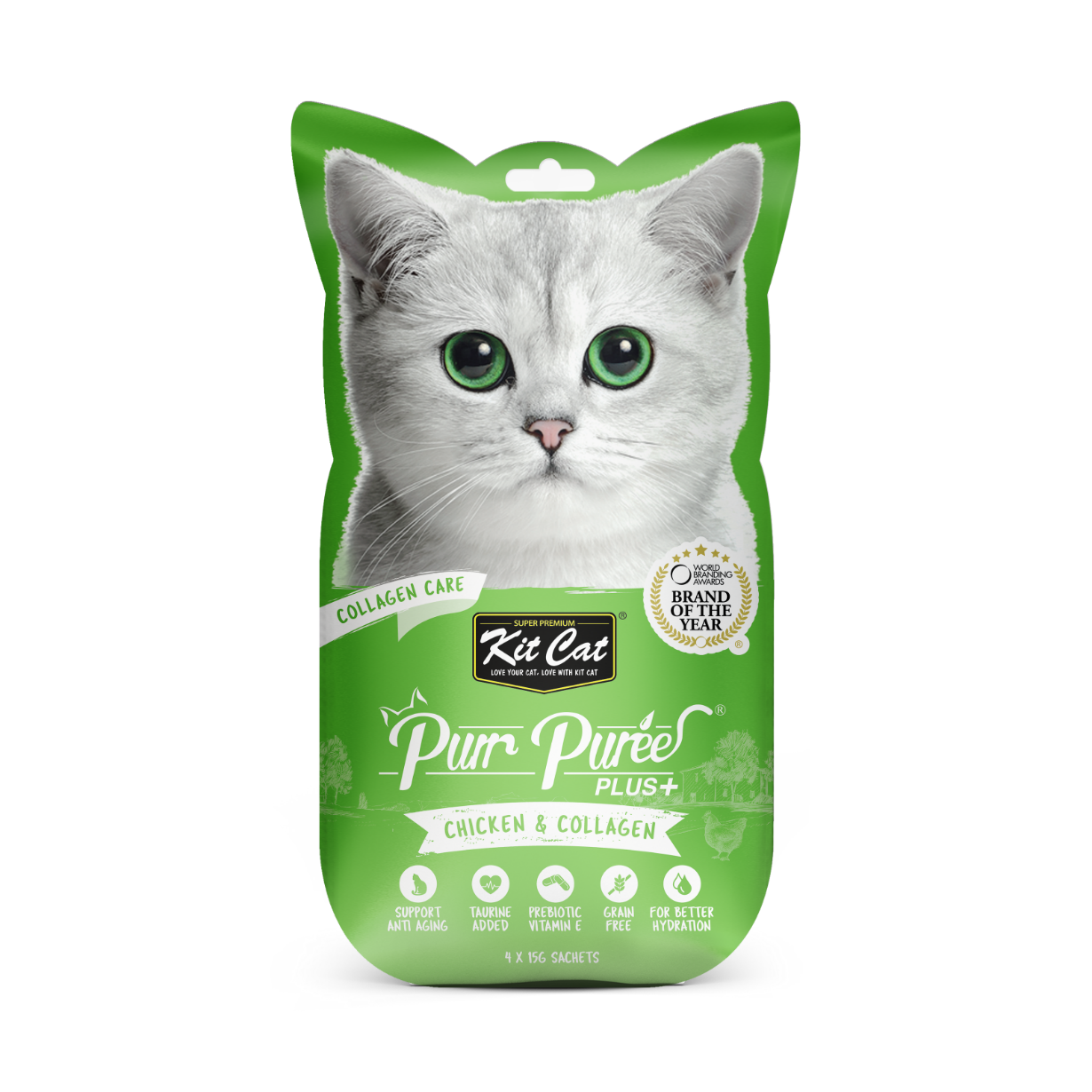 Kit Cat Purr Puree Plus+ Cat Treat Chicken & Collagen Care 4x15g