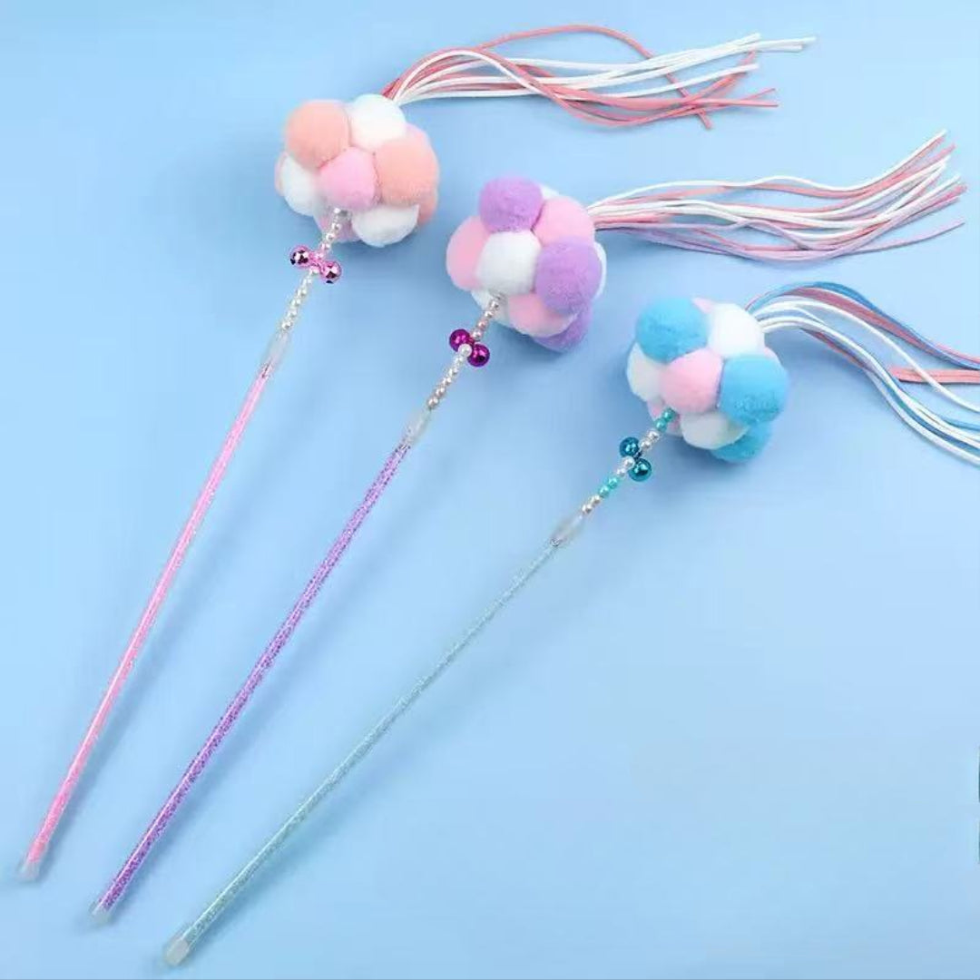 Cat Teaser Wand Toy - Colorful Plush Ball