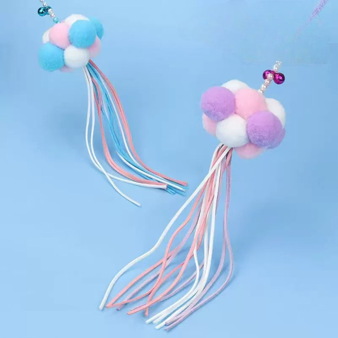 Cat Teaser Wand Toy - Colorful Plush Ball