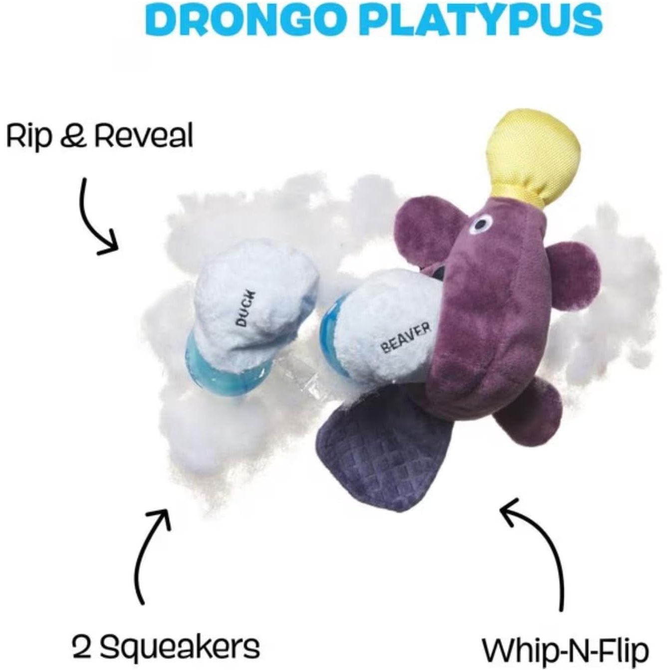 BARK Australian Outbark Collection Drongo Platypus Rip & Reveal Plush Squeaky Dog Toy