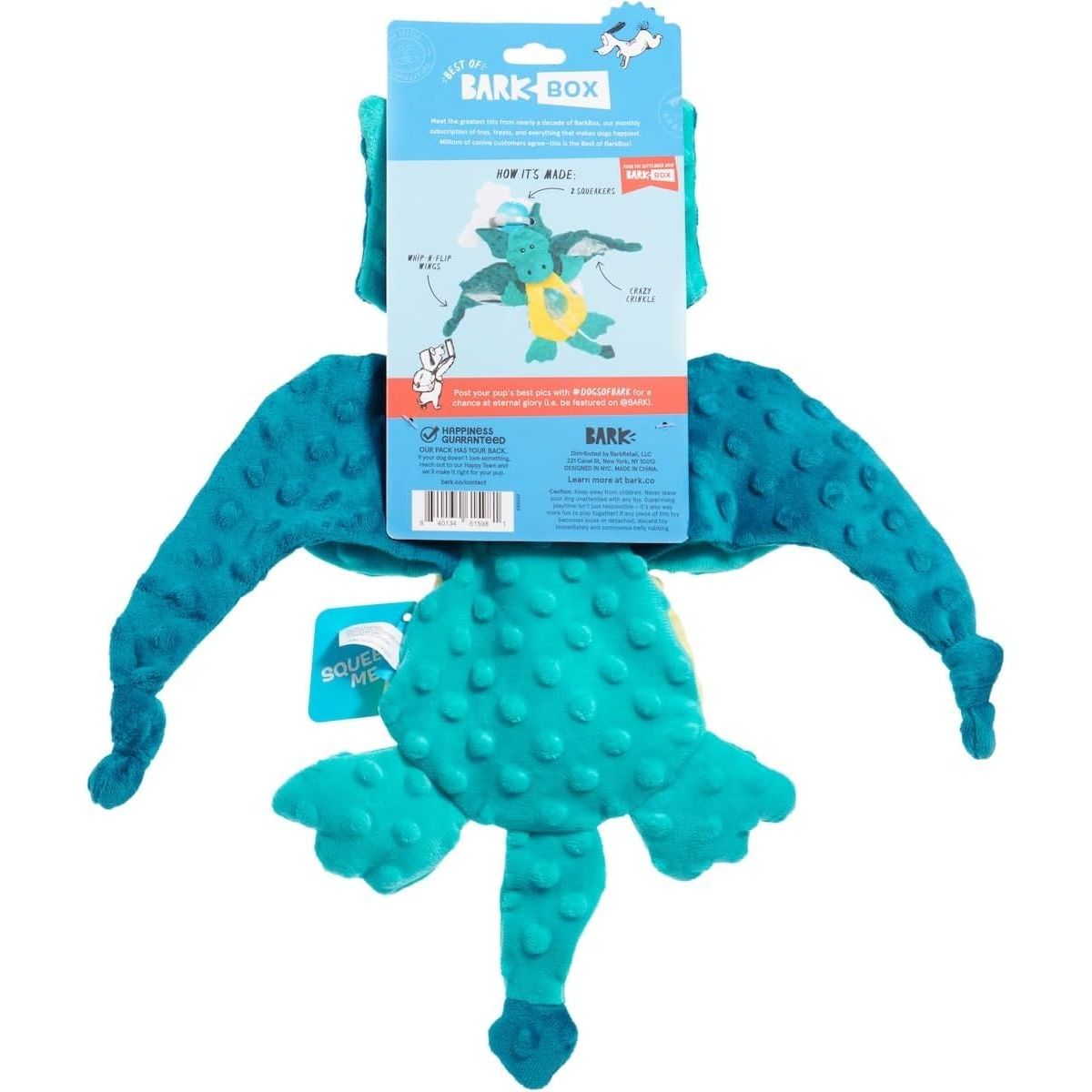 BARK Dingbert The Dragon Plush Squeaky Crinkly Dog Toy