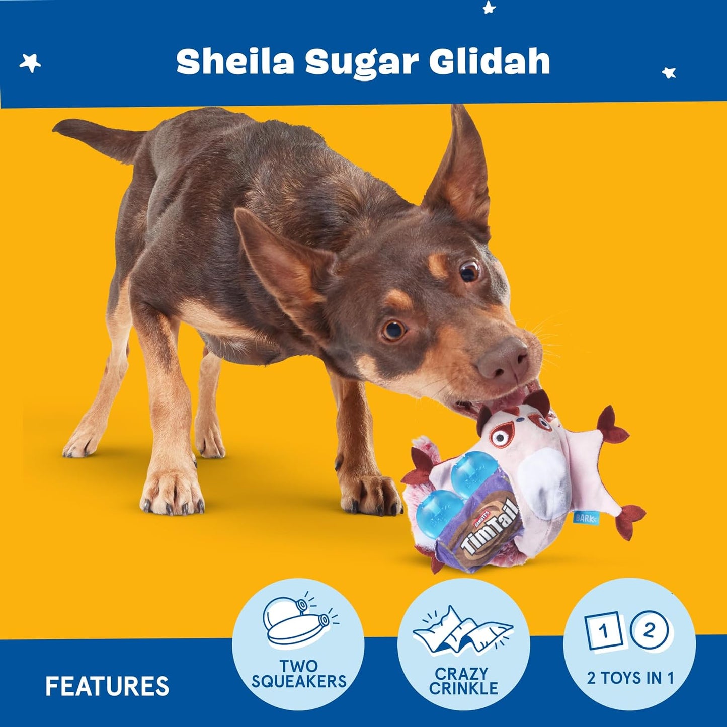 BARK Australian Outbark Collection Sheila Sugar Glidah 2-in-1 Plush Squeaky Crinkly Dog Toy