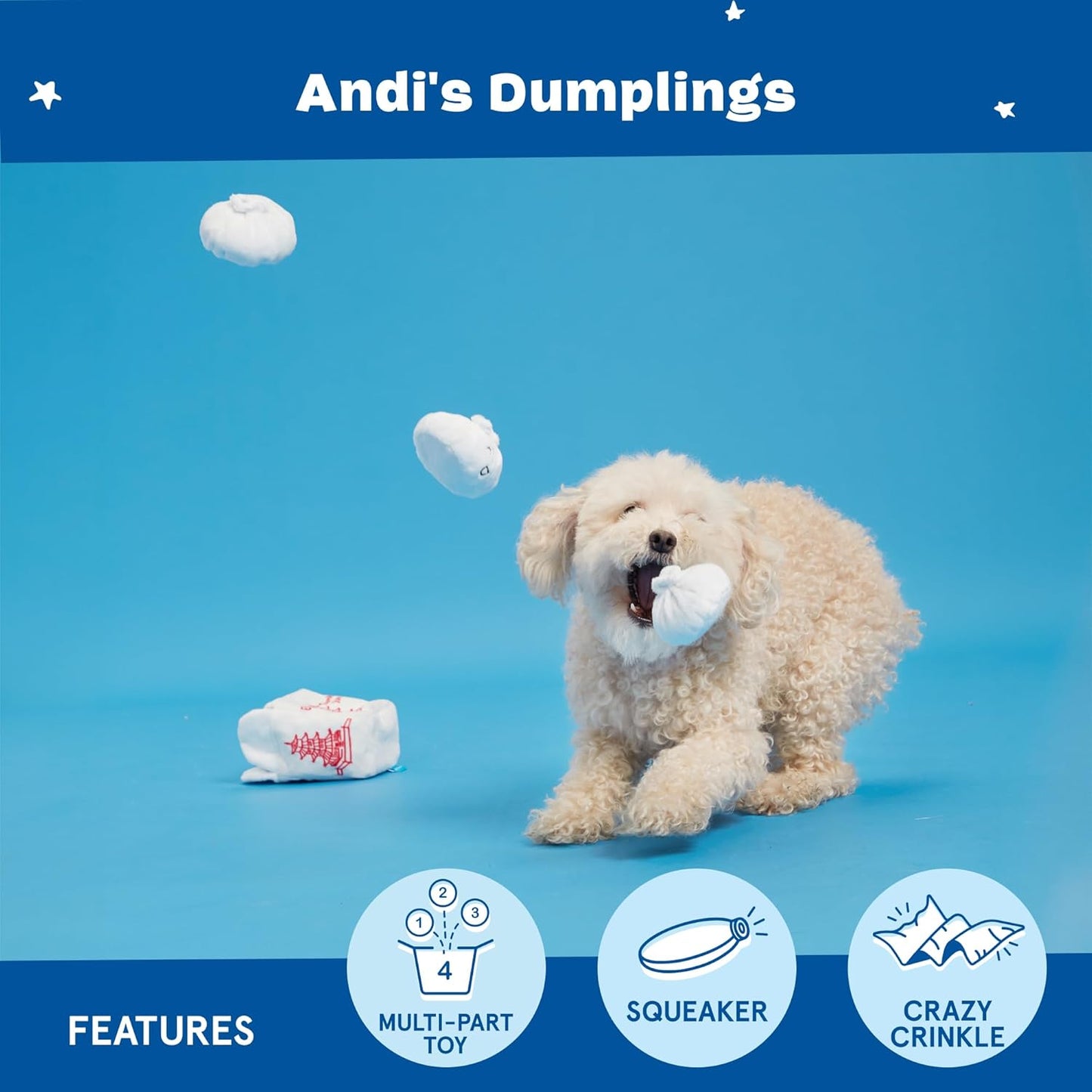 BARK Andi's Famous Dumplings 2-in-1 Interactive Plush Squeaky Dog Toy
