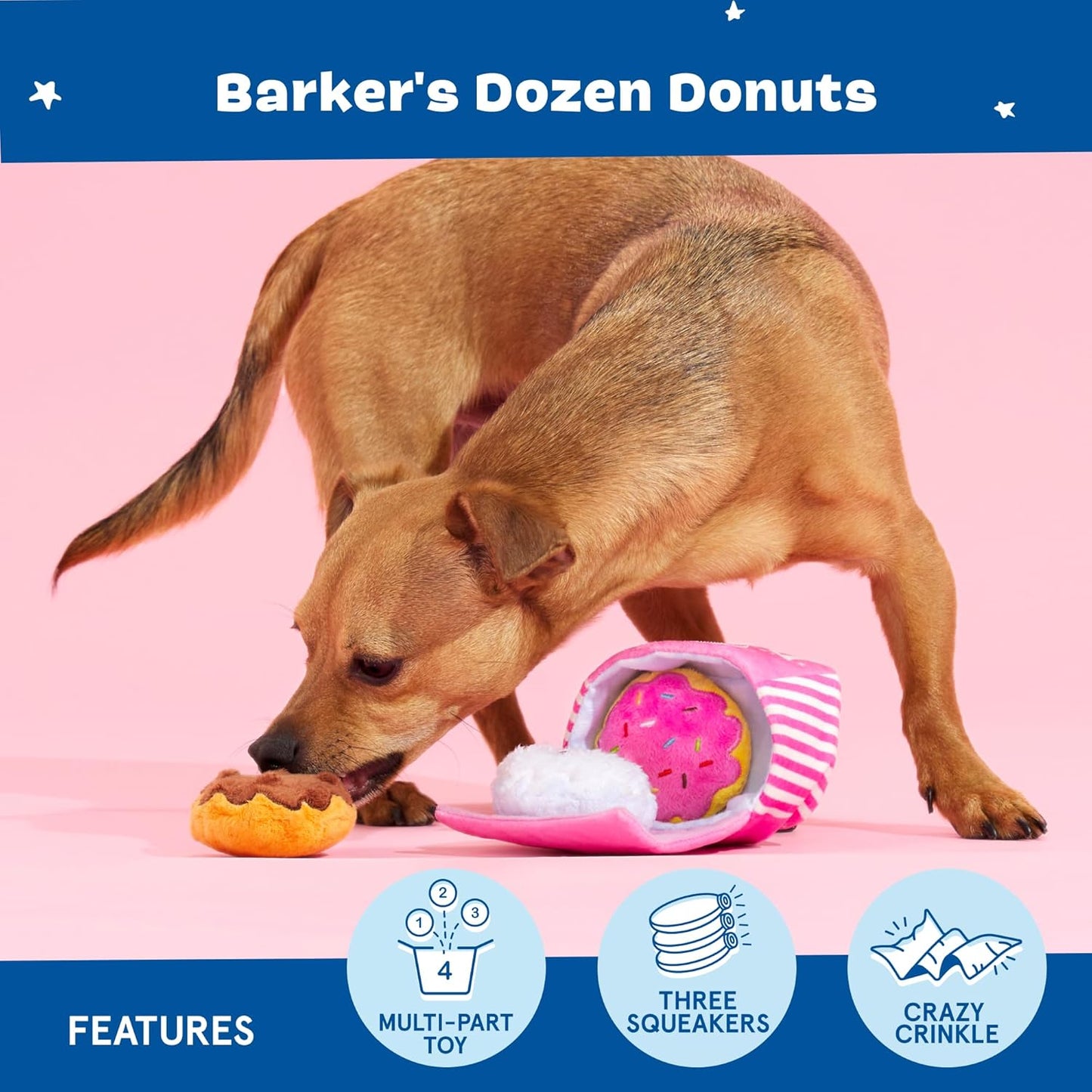 BARK Barker’s Dozen Donuts 4-in-1 Plush Squeaky Crinkly Dog Toy