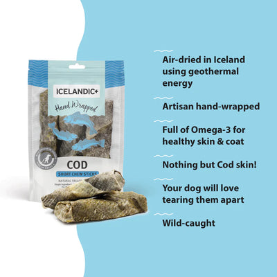 Icelandic+ Dog Treats Hand Wrapped Cod Skin Short 5" Chew Sticks 3pk