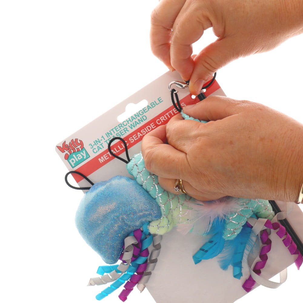 Kitty Play 3-in-1 Interchangeable Cat Teaser Wand Magical Sparkle Seaside Critters