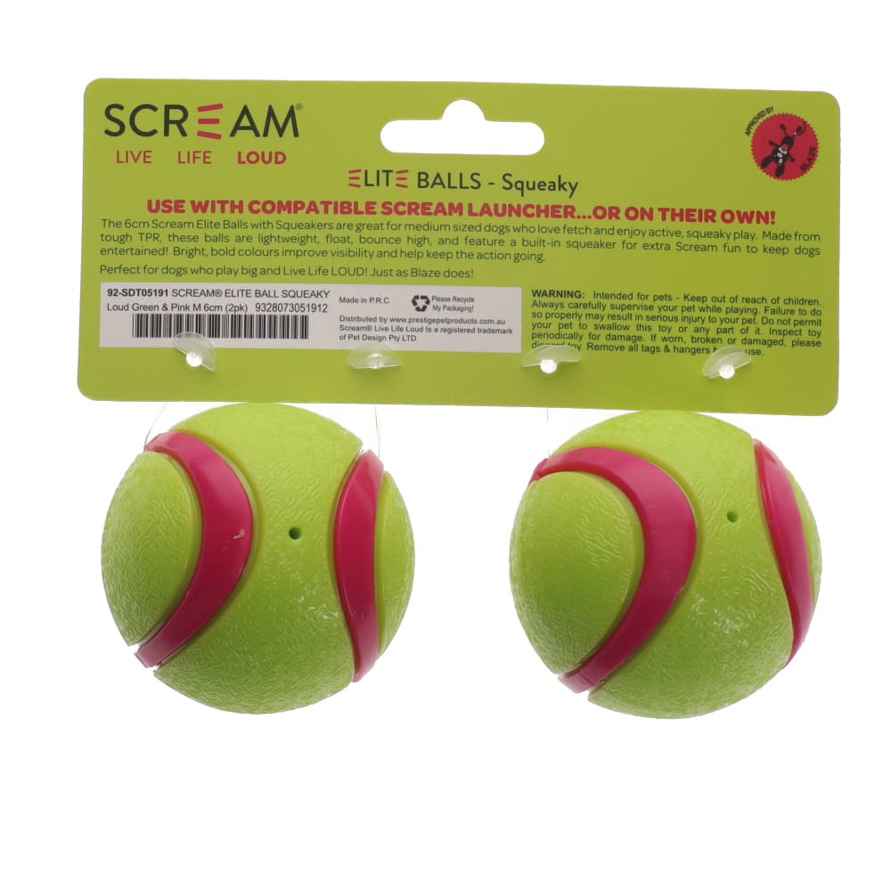 Scream Elite Ball Squeaky Loud Green & Pink 2pk - Medium