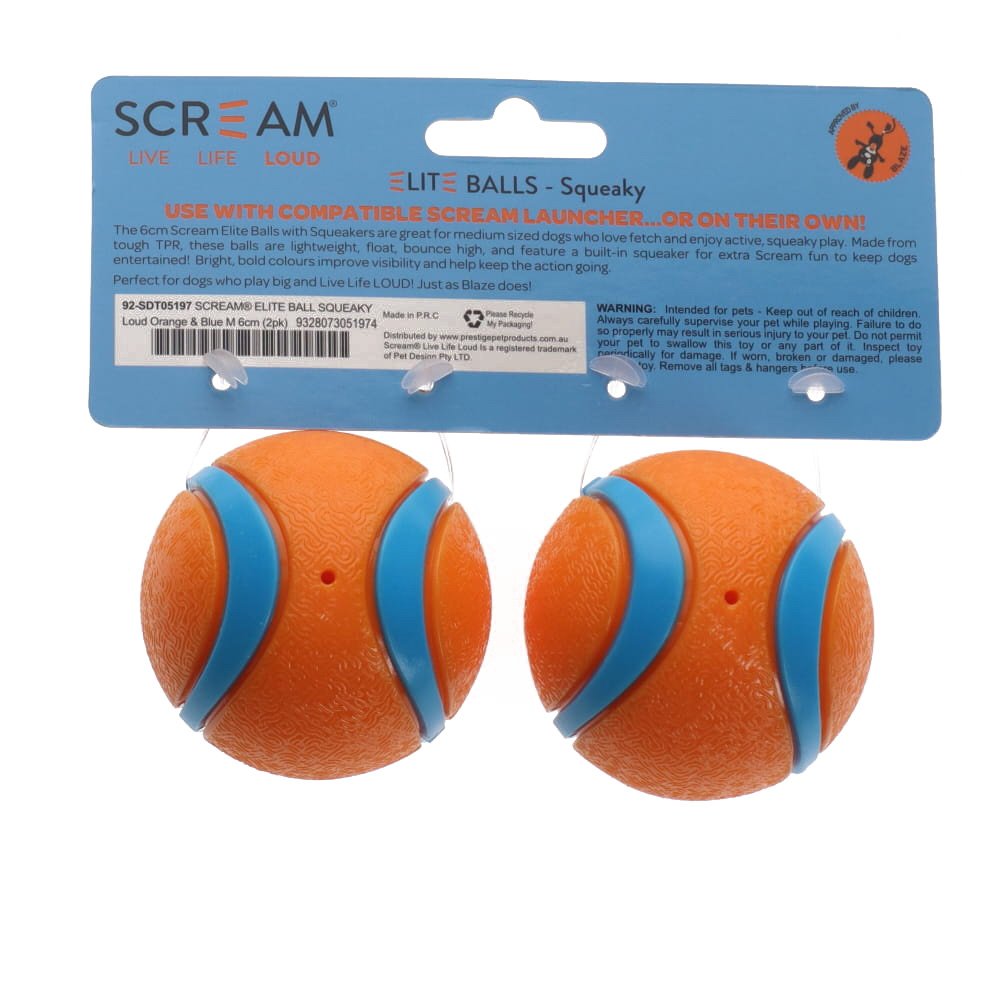 Scream Elite Ball Squeaky Loud Orange & Blue 2pk - Medium