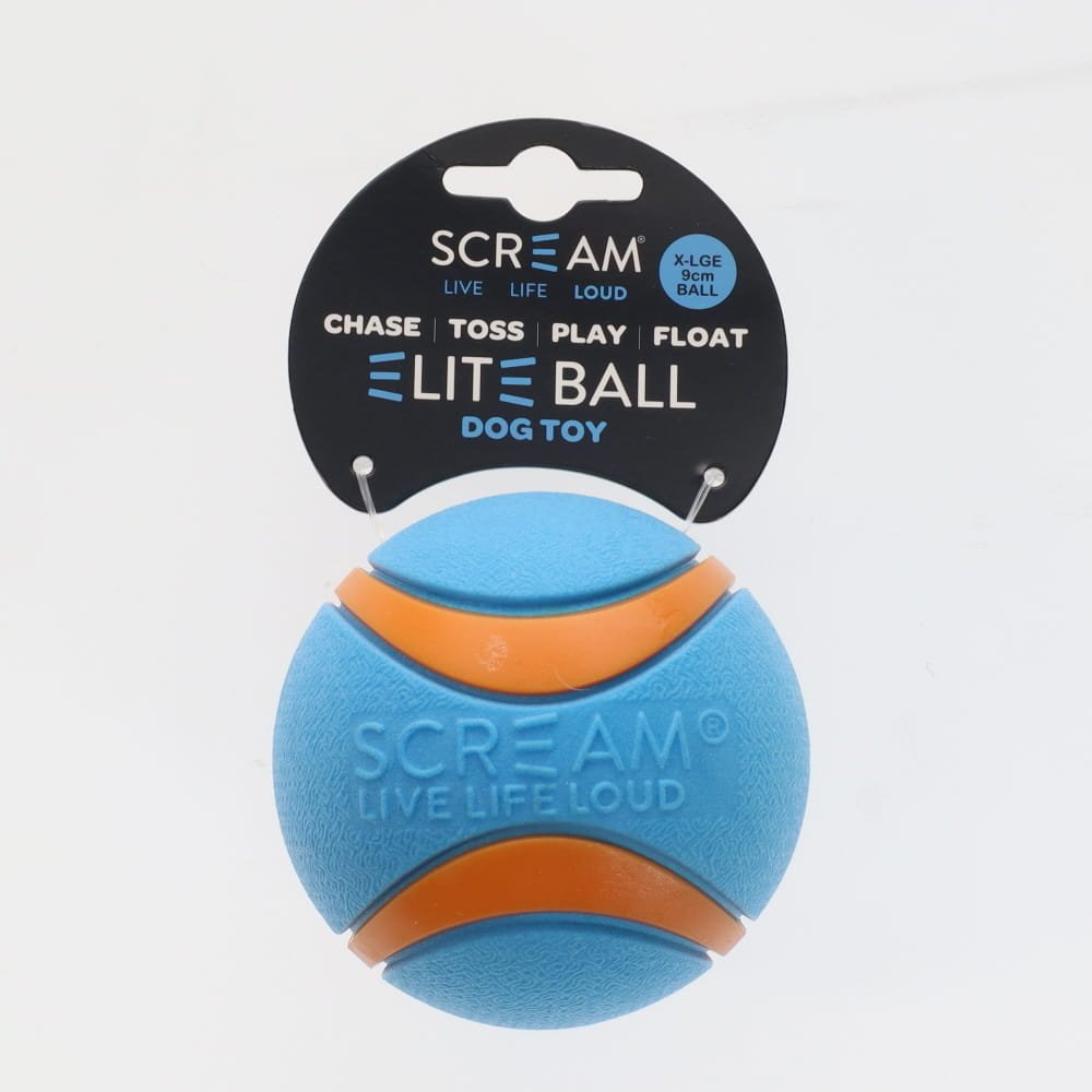 Blue and orange Scream dog toy with packaging on a light gray background