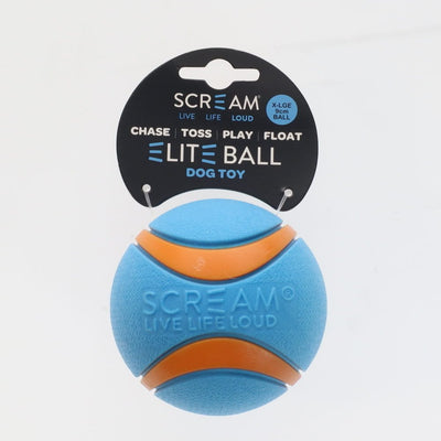 Blue and orange Scream dog toy with packaging on a light gray background