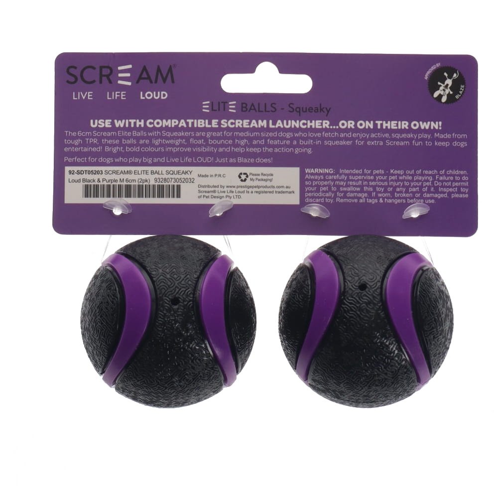 Scream Elite Ball Squeaky Loud Black & Purple 2pk - Medium