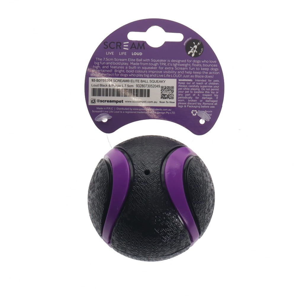 Scream Elite Ball Squeaky Loud Black & Purple 1pk - Large